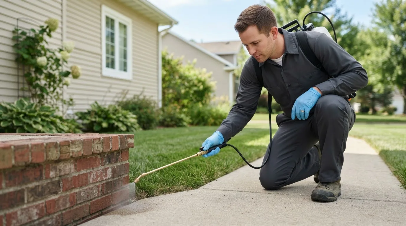 Pest control technician treating a home near Quinby, VA