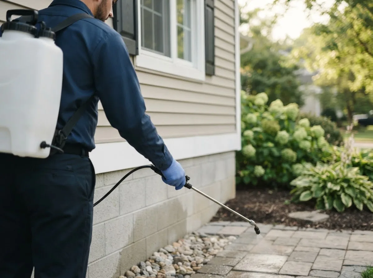 Pest control technician inspecting a home in Quinby, VA